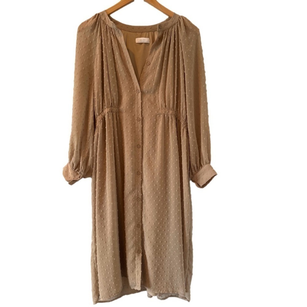 oak + fort swiss dot midi dress long sleeve size small oversized beige